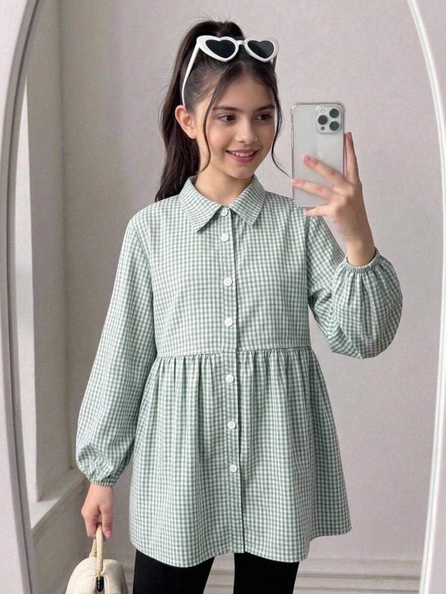 SHEIN 青少年女孩休闲马球领格纹灯笼袖宽松可爱上衣 - 薄荷綠 - 查看 1