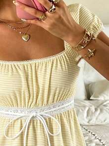CovetEZ Yellow Striped Print Square Neck Petal Sleeve Tie Front Tee,Summer Top - Multicolor - View 4