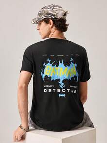 Strevion Men's Minimalist Batman Logo Print Round Neck Short Sleeve T-Shirt, Summer - Black - View 1