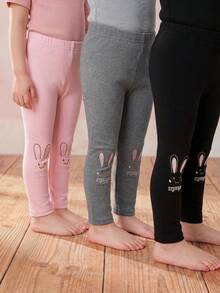 SHEIN 女嬰可愛休閒針織多用途純色刺繡卡通圖案鬆緊腰長褲三件套 - 彩色 - 查看 4