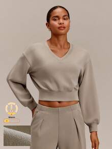 GLOWMODE Brushed SoftSerene Modal Conquer Your Cozy Silky-Smooth V-Neck Sweatshirt With Lantern Sleeves Relaxed Fit Daily Casual Summer Wear - Brown - View 1