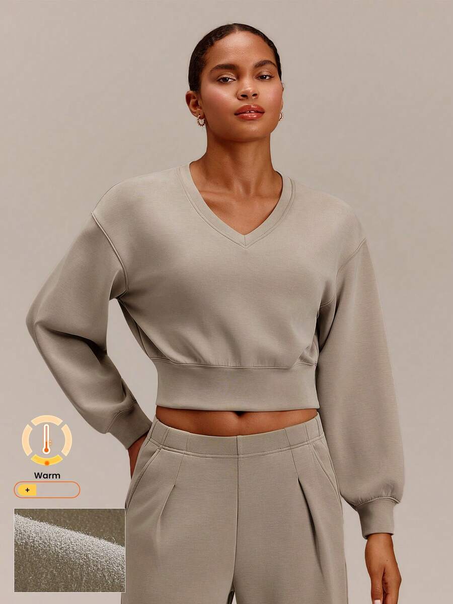 GLOWMODE Brushed SoftSerene Modal Conquer Your Cozy Silky-Smooth V-Neck Sweatshirt With Lantern Sleeves Relaxed Fit Daily Casual Summer Wear - Brown - View 1