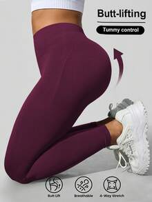 SHEIN Sports Seamless Plus Size Women's Solid Color High Waist Athletic Alternative Tropical Tropical Leggings Gym Sports Burgundy Summer Gym Gym Gym - Burgundy - View 1