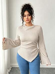 Elenzga Plus Size Women Solid Color Ruched Casual Versatile Daily Wear T-Shirt - Apricot - View 4