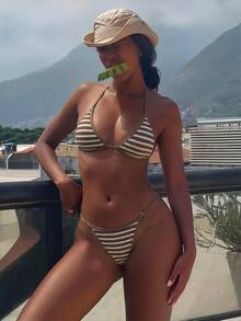Costavie Women's Summer Beach Vacations Sexy Brown And White Striped Textured  Bikini Set - Brown - View 7