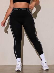 SHEIN Rhythm Era Women's Plus Size Letter Waistband Casual Sports Leggings - Black - View 4