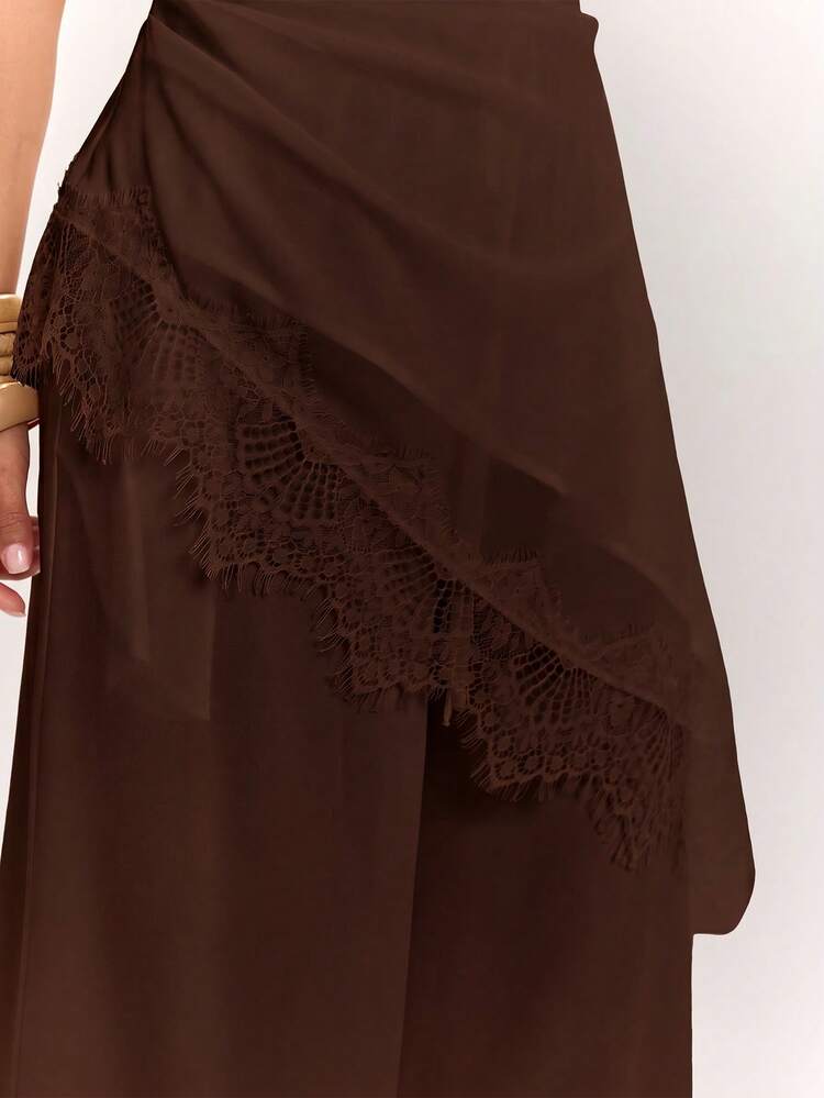 SHEIN BAE Set Atasan Halter Tanpa Punggung dan Celana Panjang Lebar Warna Polos Seksi untuk Musim Panas - Coffee Brown - View 5
