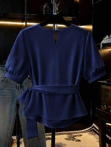Franclia Blusa elegante de moda de unicolor para mujer, nueva top anudada de verano 2026, casual elegante para uso diario, ir al trabajo, fiestas, viajes y hogar - Azul Marino - Ver 2