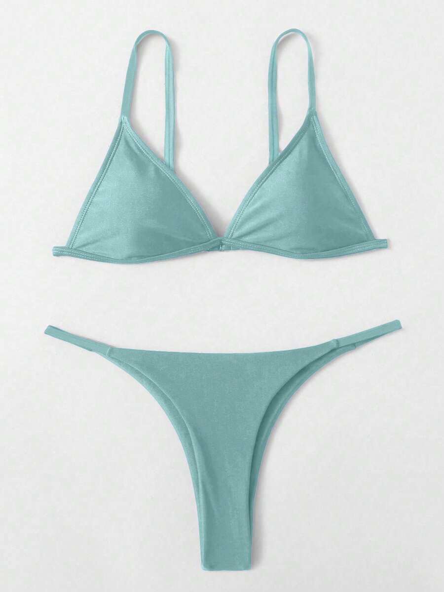 SHEIN Swim 女士夏季沙滩纯色吊带比基尼和三角泳裤泳装套装 - 淺藍色 - 查看 1