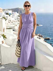 SHEIN LUNE CURVE Plus Size Women Solid Color Pleated Casual Daily Summer Travel Dress - Mauve Purple - View 5