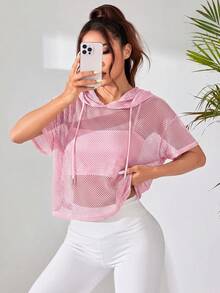 SHEIN Dewbera 女款純色短袖抽繩連帽寬鬆運動運動衫 - 粉色 - 查看 4