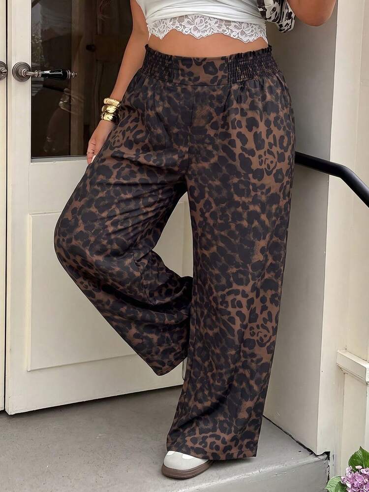 Muchica Plus Size Women's Leopard Print Shirred Waist Wide Leg Long Pants Fall - Multicolor - View 7