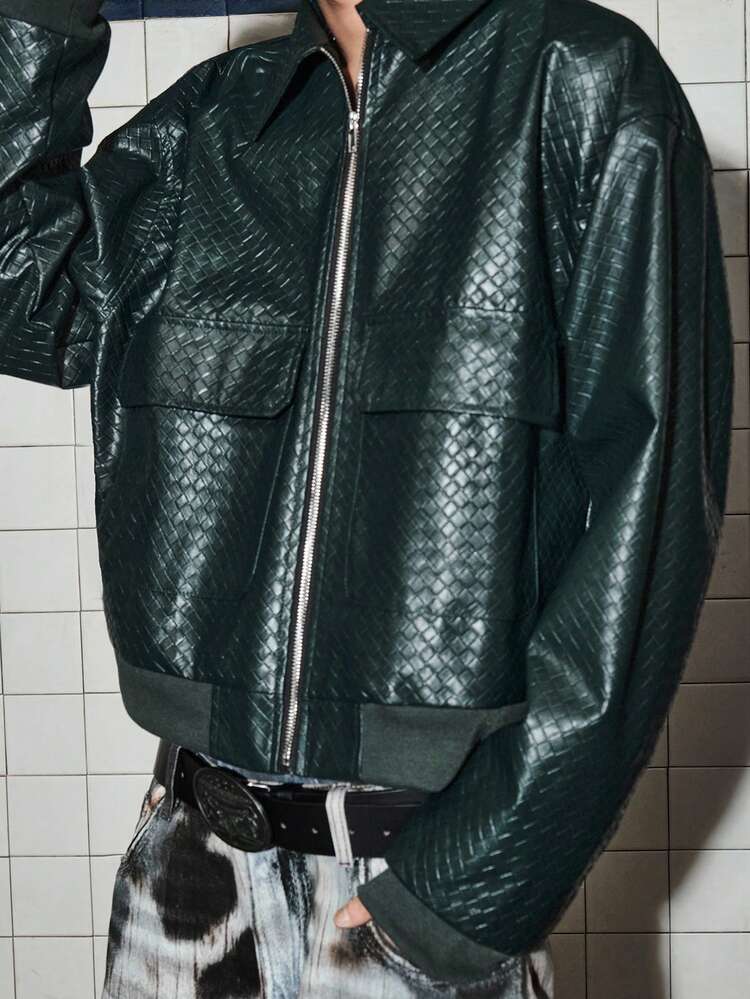 ROMWE MEN Street Life Men's Fashion Retro Woven Texture Jacket - Dark Green - View 2