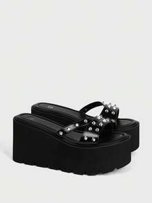 Sugerpunk Women's Fashion, Sexy And Comfortable Thick-Soled Wedge Sandals, Punk Style, Gothic Street Style, Rivets Inlaid With Slip-On Muffin Thick-Soled - Black - View 2