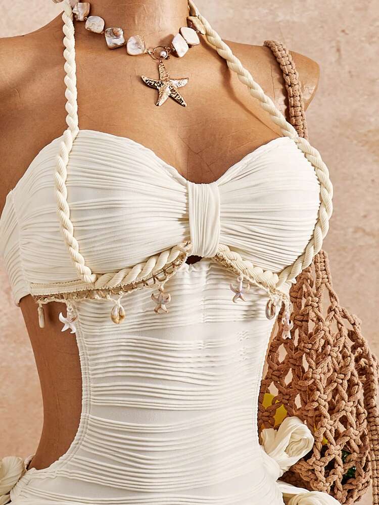 Bellisia 26 Summer Vacation Apricot Vintage Square Neck Slimming Braided Rope Starfish Shell Halter One-Piece Swimsuit With Matching Skirt Two Pieces Set - Beige - View! 3