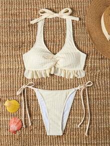 SHEIN Swim Set Bikini Halter Berkerut Depan Model Twist-Front untuk Liburan Pantai Musim Panas Wanita - Aprikot - View 2