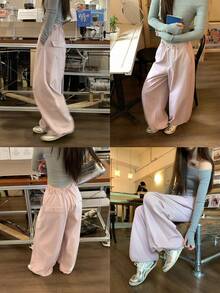 DAZY Pantaloni lunghi da donna a gamba ampia e morbida, tinta unita, casual, per vacanze estive e scuola - Rosa - Visualizzare 2