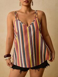 Travachic Camiseta sin mangas casual de talla grande con bloques de color y rayas para el verano - Multicolor - Ver 1