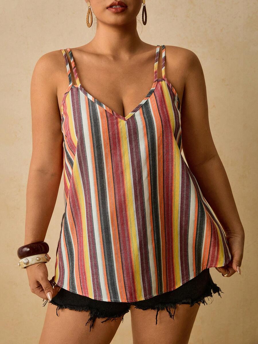 Travachic Camiseta sin mangas casual de talla grande con bloques de color y rayas para el verano - Multicolor - Ver 1
