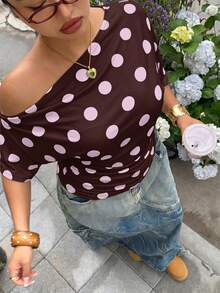 Muchica Brown Polka Dot Asymmetric Collar Plus Size T-Shirt For Women - Brown - View 5