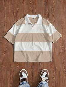 SWAVVY 男士夏季休閒標準尺寸短袖 Polo 衫 藍色與白色拼接刺繡 - 卡其色 - 查看 1