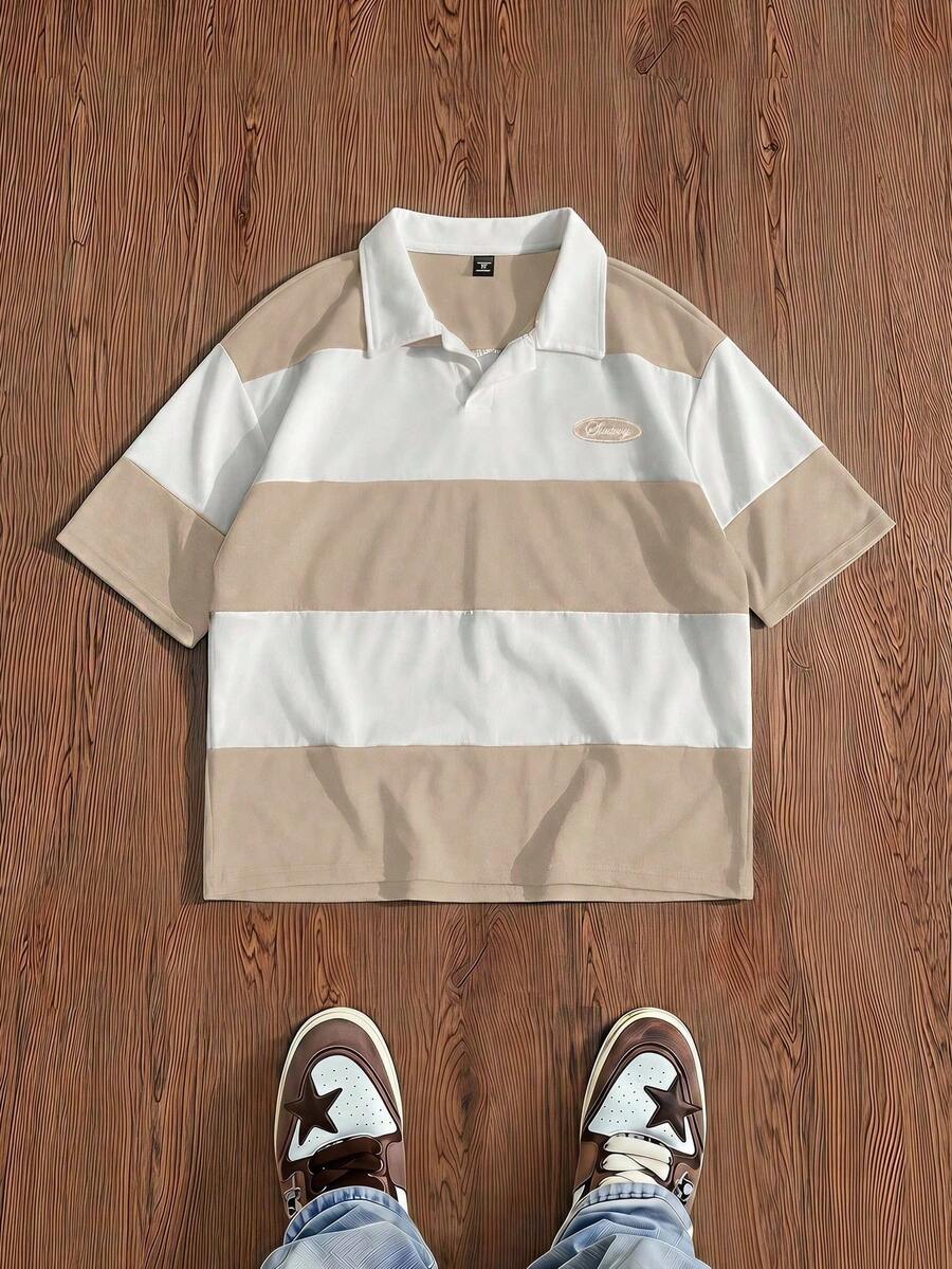 SWAVVY 男士夏季休閒標準尺寸短袖 Polo 衫 藍色與白色拼接刺繡 - 卡其色 - 查看 1