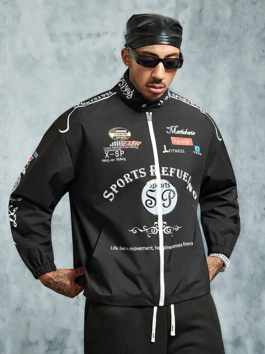INCRYTM Manfinity Streetrush Men's Fashionable Printed Long Sleeve Jacket Outerwear Sports Zip Up Graphic Racing Sportswear 2000s Style,Fall - Black - View 1