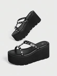 Sugerpunk Damen Sexy Mode Keilabsatz Plateau Sandalen Punk Goth Dunkel Cut Out Nieten Babes Nachtclub Party Damenschuhe - Schwarz - Übersicht 5