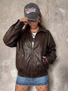 SHEIN ICON 女款深棕色純色PU皮革拉鍊時尚百搭日常休閒復古70年代復古夾克外套，適合夜晚外出與度假 - 棕色 - 查看 3