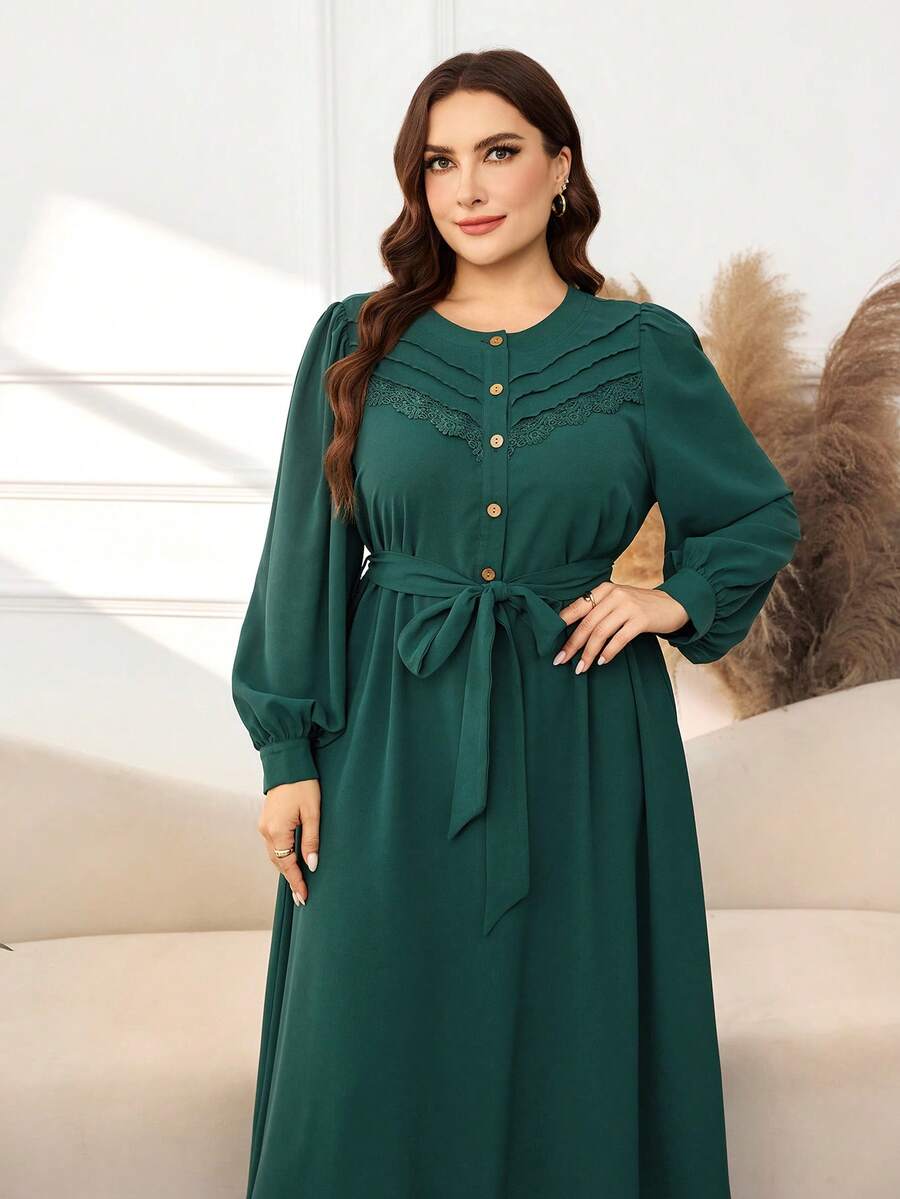 Lacomfia Plus Size Elegant Button Half-Placket Lace Patchwork Long Sleeve Dress - Green - View 1