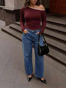 Solavibe Plus Size Spring/Autumn Casual Simple Normal Asymmetrical Collar Long Sleeve T-Shirt Dates Fashion Week Vacation Burgundy - Burgundy - View 9