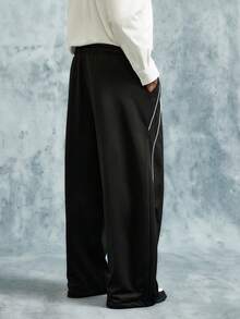 INCRYTM Young Men's Streetwear Black Winter Basic Dress Loose Casual Sweatpants,Elastic Waist Wide Leg Pants With Strap Divider Design For Daily Leisure - Black - View 2