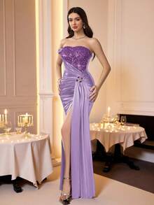 Coutiva Women's Solid Color Patchwork Sequin One Shoulder Ruched Side Slit Hem Elegant Formal Evening Gown - Mauve Purple - View 5