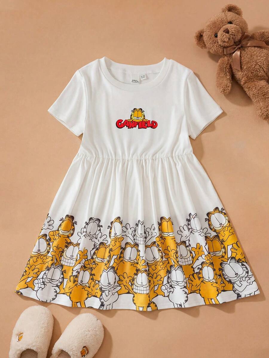 GARFIELD | SHEIN Young Girl Cartoon Cat Print Casual Cute Short Sleeve Dress - White - View 1