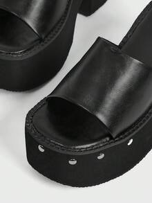 Sugerpunk 女款高跟涼鞋 11cm 超高跟厚底楔形跟拖鞋，粗跟鉚釘增高馬芬鞋 - 黑色 - 查看 3