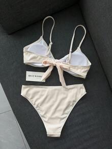 Swim Mod 女款純色羅紋比基尼套裝，兩件式泳衣，雙肩帶設計，胸前蝴蝶結裝飾，高腰，休閒海灘度假泳裝 - 米色 - View 5