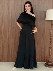 Yasmeen Edit Yasmeen Edit 黑色秋季優雅餐飲緞面連身褲，婚禮賓客波西米亞風派對宴會穿搭，夏季 - 黑色 - 查看 5