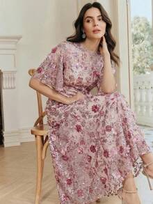 Anewsta Elegant Navy Blue Floral Mesh Ruffle Trim Sequin Embellished Short Sleeve Dress, Suitable For Party, Date, Resort Wear, Spring/Summer Outfits - Pink - View 6