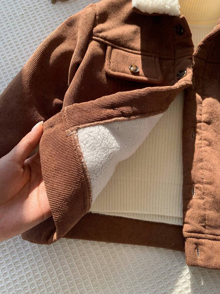 SHEIN Kids Young Boy Thermal Lined Thick Corduroy Turn-Down Collar Jacket, Thermal Jacket, Winter Jacket, Jacket, Wool, Thick, Toddler Winter Clothing - Brown - View 5
