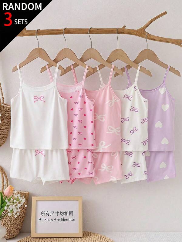 SHEIN Vintaside Kids 6件套女童蝴蝶爱心印花蕾丝边吊带背心和内裤套装，舒适纯棉，休闲外衣