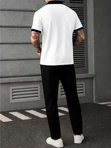 Manfinity CasualCool 男士夏季休閒 Polo 衫與長褲套裝 - 黑色 - 查看 2