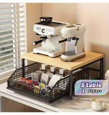 1 Black/White Kitchen Microwave Stand With Drawers - Sturdy Solid Wood And Metal Construction, Space-Saving Countertop Storage Rack For Tableware, Dishes, Coffee Makers, Utensils, And Spices. - Black - View 1