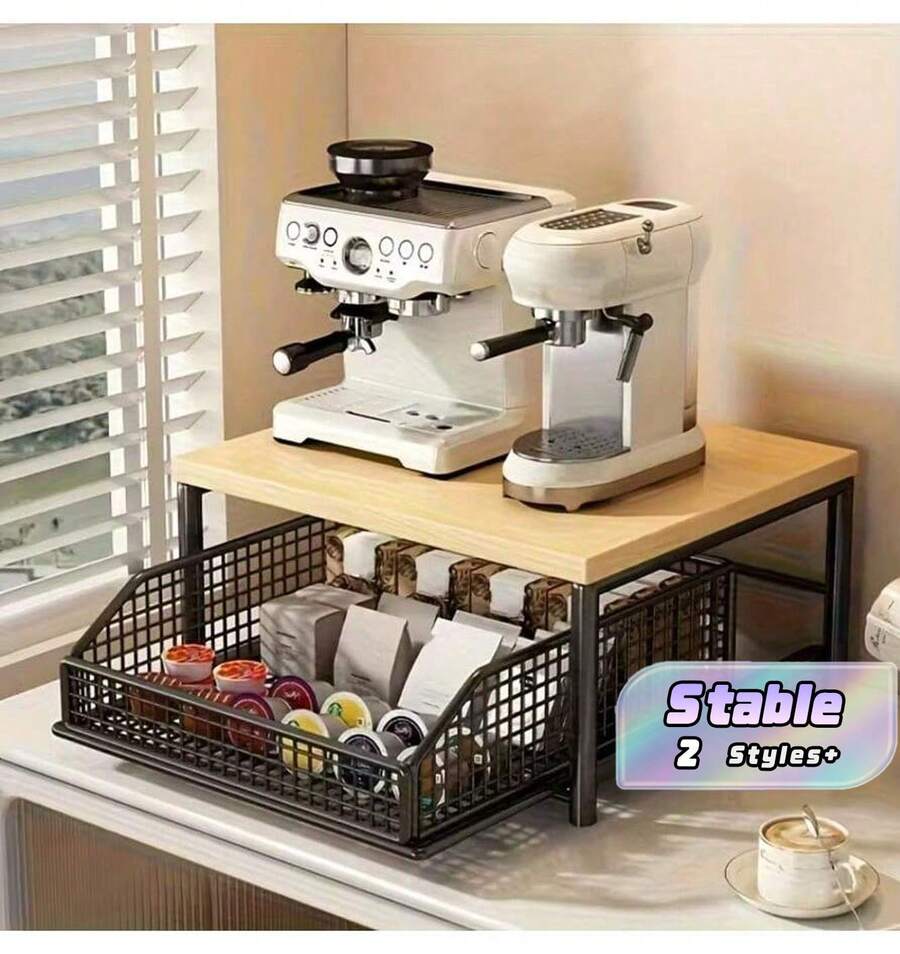 1 Black/White Kitchen Microwave Stand With Drawers - Sturdy Solid Wood And Metal Construction, Space-Saving Countertop Storage Rack For Tableware, Dishes, Coffee Makers, Utensils, And Spices. - Black - View 1