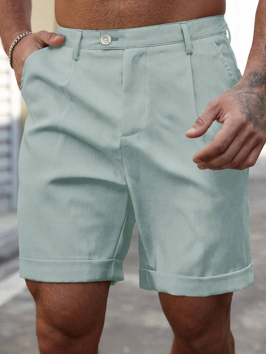 Manfinity Homme Pantalones cortos casuales versátiles de unicolor con bolsillo para hombres de talla grande, para uso diario y viajes - Verde - Ver 1