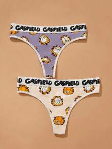GARFIELD | SHEIN Snug Zone 女士柔软可爱卡通猫咪印花撞色装饰字母胶带丁字裤 - 紫色 - 查看 1