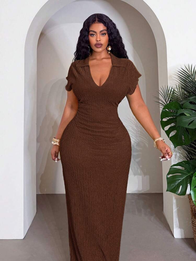 Slaydiva Plus Size Women Solid Color Lapel Short Sleeve Fitted Elegant Dress - Rust Brown - View 5