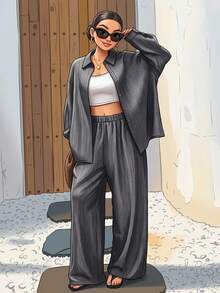 Dazy Plus Western Style Beach Vacation Solid Color Faux Denim Linen Material Loose Minimalist Spring Autumn Plus Size Women 2-Piece Set - Dusty Blue - View 9
