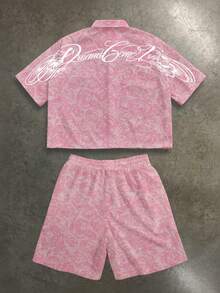Manfinity ZONE917 Boxy Cropped Casual Fashion Distressed Pink Rose Pattern Cursive English Letter Pink Short Print Shirt Set, Gift For Friends - Pink - View 1