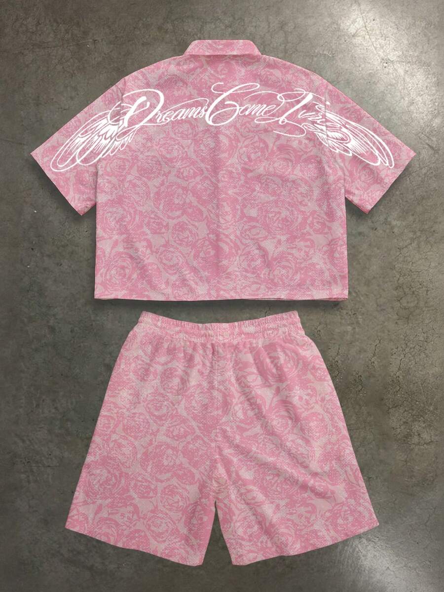 Manfinity ZONE917 Boxy Cropped Casual Fashion Distressed Pink Rose Pattern Cursive English Letter Pink Short Print Shirt Set, Gift For Friends - Pink - View 1