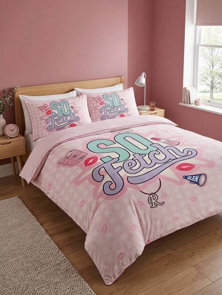 Mean Girls | Joivida 卡通床上用品套裝(3件組)– 1件被套 + 2件枕套(不含內芯),100%聚酯纖維,可機洗 - 格子粉 - 查看 1